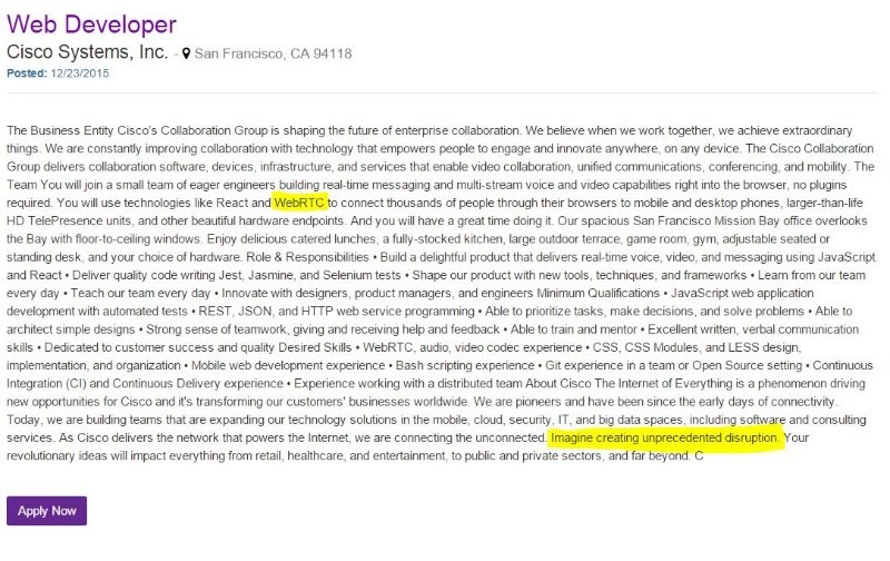Cisco hiring for unprecedented disruption developer.